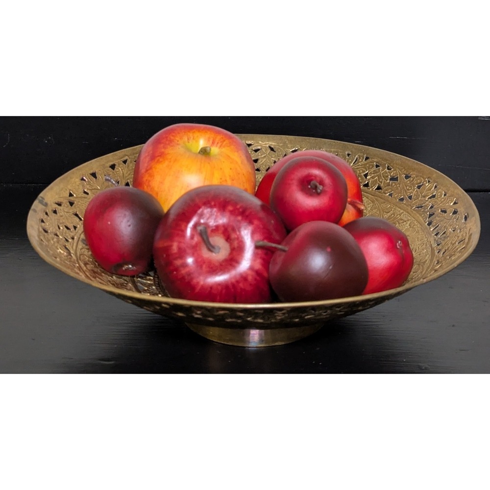 Vintage Pierced Brass Bowl With a Floral and Berries Pattern 11" D